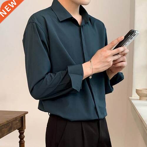 Korean Fashion New Drape Shirts for Men Solid Color Long Sle