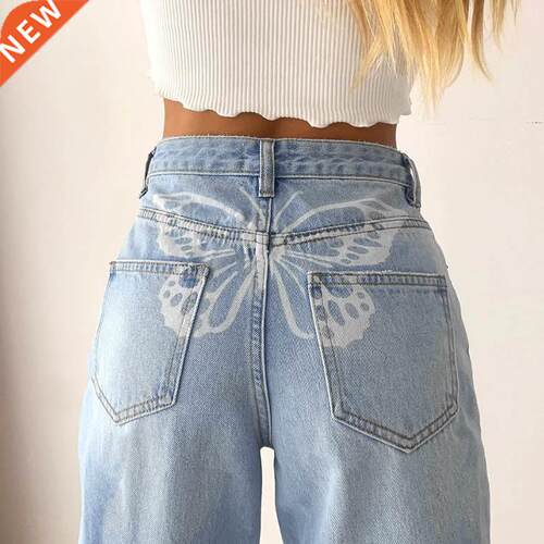 Butterfly Print Denim Pants Women 90s Jeans For Girls Female
