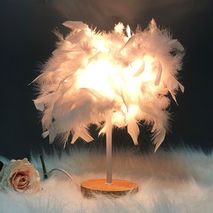 White Feather LED Night Light Feather Lampshade Table Lamp W