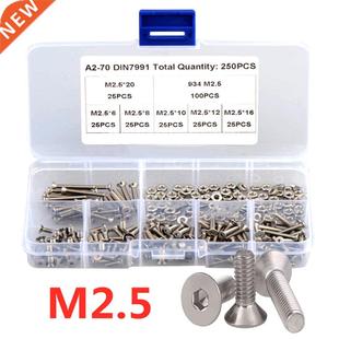 250pcs Countersunk Hex Socket Screw Set M2.5 Stainless Steel