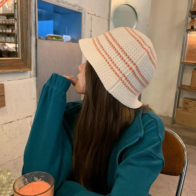 Women Winter Striped Knitted Hat Mixed Color Fisherman Hat W