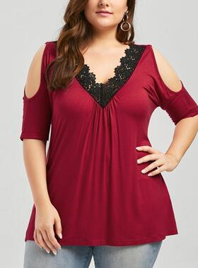 2019 Plus Size Women Lace Trim V Neck Loose Cold Shoulder Bl