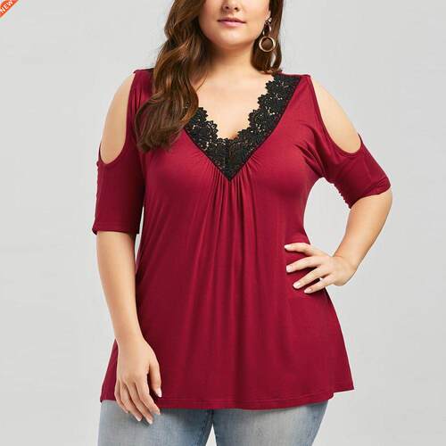 2019 Plus Size Women Lace Trim V Neck Loose Cold Shoulder Bl