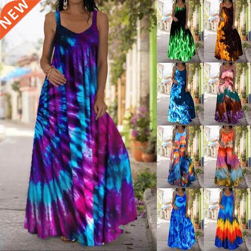 Women Flame Printed Maxi Dress Summer Fashion Big Swing V Ne