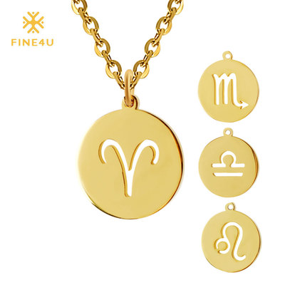 FINE4U 12 Zodiac Coin Pendant Necklace 316L Stainless Steel