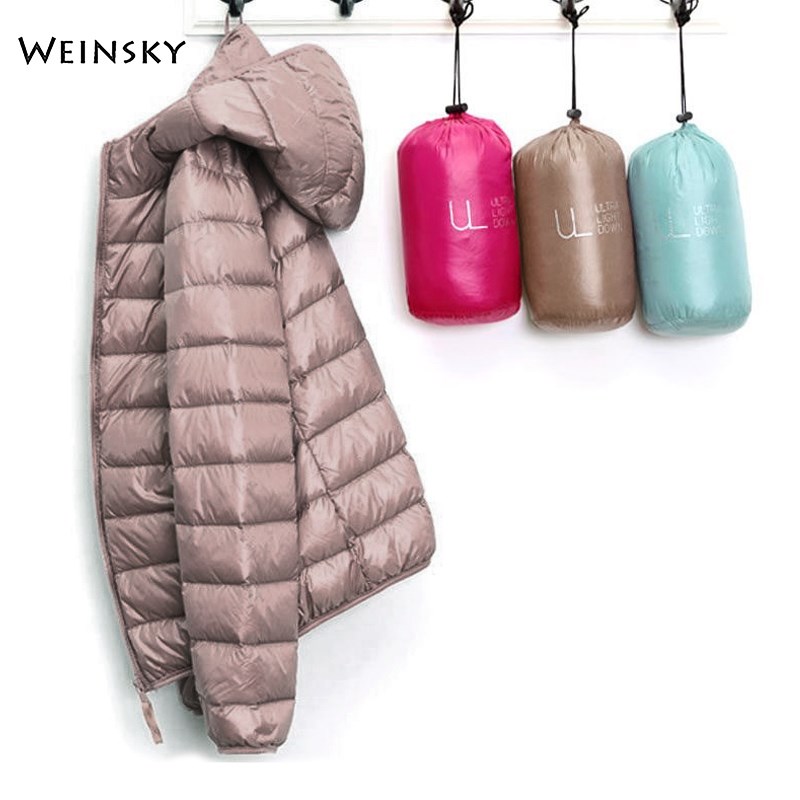 Winter Women Ultralight Thin Down Jacket White Duck Down Hoo图片