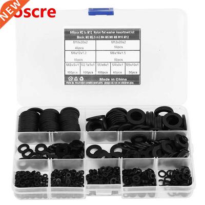 600Pcs Black Nylon Washers Flat Assortment Kit Metric Sealin
