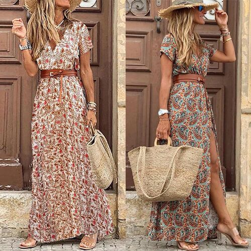 Fashion Boho Dress Long Dress Women Casual V Neck Short Slee