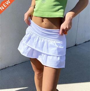 Women Layered Mini Skirt Summer Solid Ruched Elastic Waist R