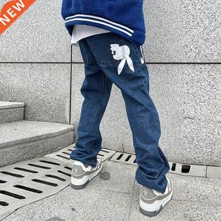 High Set Letter Print Straight Ripped Loose Jeans Pants for