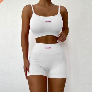Women Sports Two-piece Running Set Summer Ribbed Knit Tracks