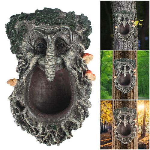Tree Face-shaped Birds Feeder with Big Open Mouth Resin Craf