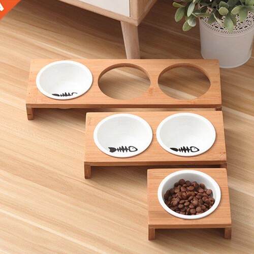 Cat Dog Feeders Bowls Bamboo Tableware Ceramic Pet Food Wate