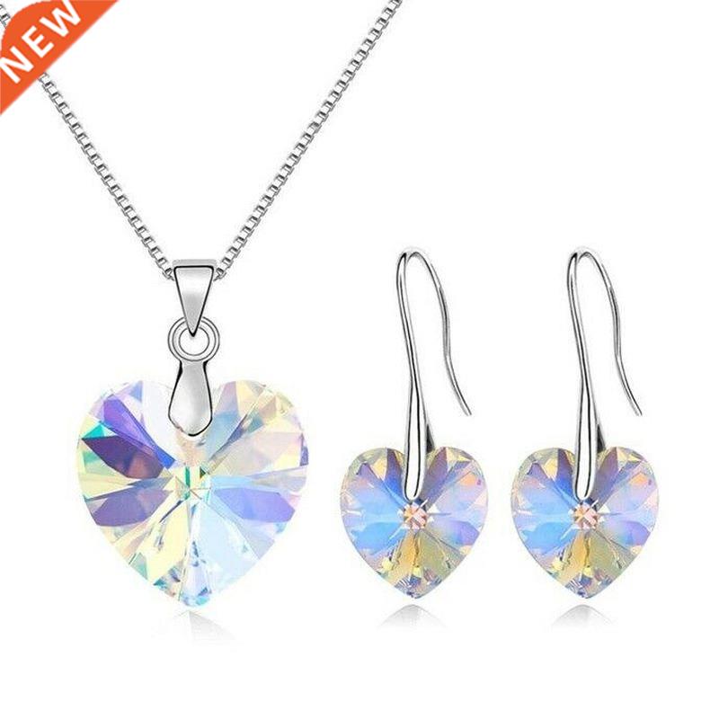 Women's Silver White AB Zircon Heart Pendant Necklace Ea