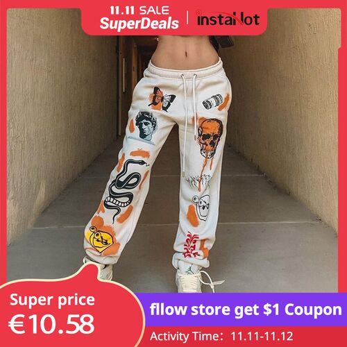 InstaHot Women Sweat Pant Harajuku Cartoon Printed Trousers