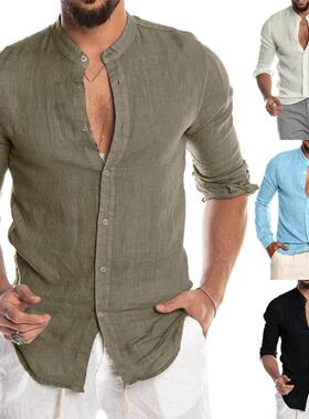 New Men's Casual Blouse Cotton Linen Shirt Loose Tops Sh