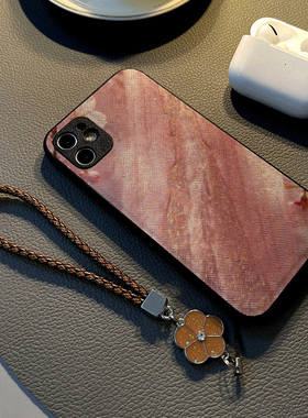 适用小米红米note13 12pro 11t/11/10手机壳硅胶创意note14 pro皮纹全包防摔软保护套女挂绳新款金箔粉色花朵