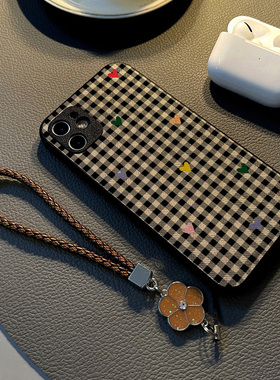 适用opporeno10pro+/7se/6pro/reno12 5/9手机壳reno15硅胶8创意个性皮纹防摔保护套挂绳潮新款黑白格子爱心