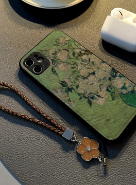 适用苹果iPhone14手机壳13/12Pro/Max/17/16/15少女17硅胶创意皮纹全包防摔保护套挂绳潮牌油画花瓶白色花朵
