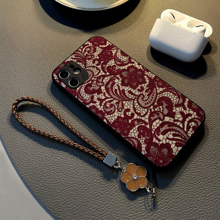 适用opporeno13 12pro 10/7se/6pro/9 5/14手机壳reno15硅胶8创意个性皮纹防摔保护套挂绳潮新款红色蕾丝花纹