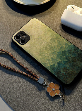 适用苹果iPhone14手机壳13/12Pro/Max/17/16/15少女17硅胶创意皮纹全包防摔保护套挂绳潮牌涂鸦油画绿色森林