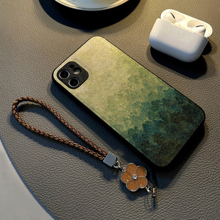 适用苹果iPhone14手机壳13/12Pro/Max/17/16/15少女17硅胶创意皮纹全包防摔保护套挂绳潮牌涂鸦油画绿色森林