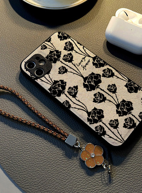 黑色玫瑰新款适用vivos15pro/s15e/s12/s30/s19/s20/s6手机壳s5女s10p硅胶创意个性皮革纹防摔保护套男女挂绳