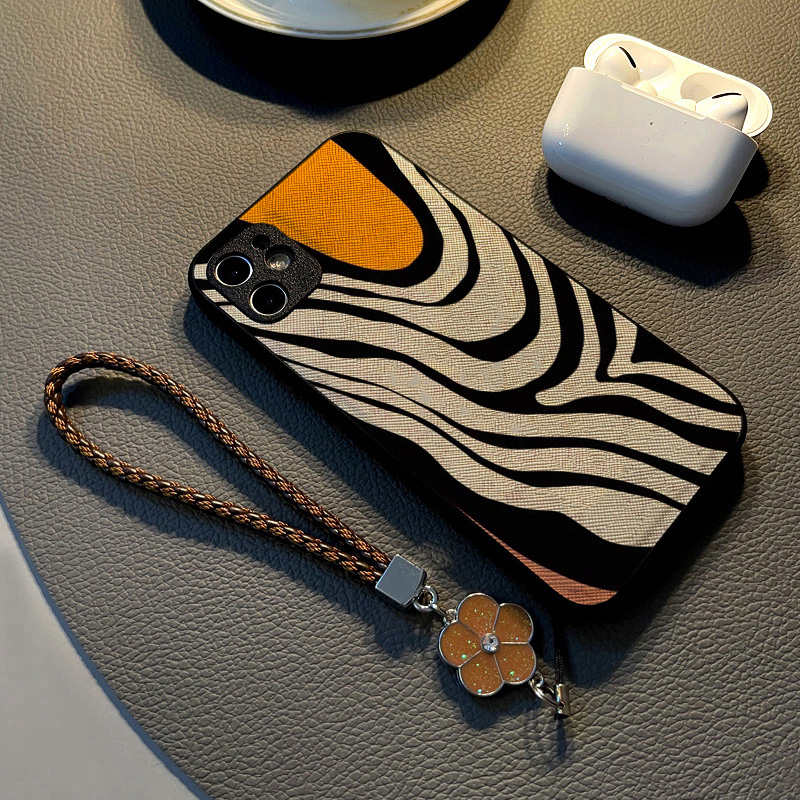 黄色斑马纹新款适用iPhone14手机壳苹果13/12Pro/Max/17/16/15女17硅胶创意皮革纹全包防摔保护套女生挂绳潮