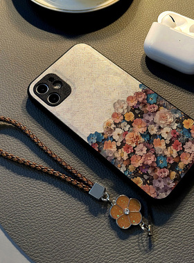 适用小米红米note13 12pro 11t/11e/10手机壳硅胶7创意note11 pro皮纹全包防摔保护套女挂绳新款油画彩色花朵