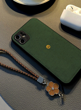 适用vivo iqoo neo7 neo3 neo6se手机壳neo5活力版12pro女7硅胶创意皮革纹防摔软保护套挂绳新款绿底黄色笑脸