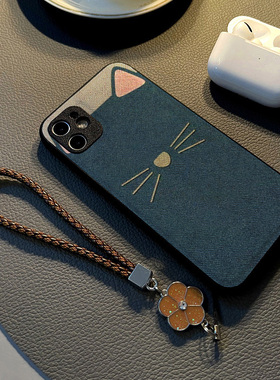 蓝色猫耳新款适用opporeno8pro+/7se/6pro/reno5/4se手机壳reno3硅胶2z创意个性皮革纹防摔保护套女挂绳潮牌