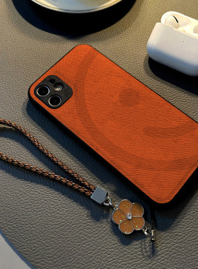 适用华为荣耀300 400 100 200 90 70 pro/60se女50手机壳硅胶创意皮革纹全包防摔保护套挂绳新款简约橙色笑脸
