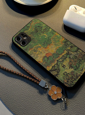 适用华为荣耀300 400 100 200 90 70 pro/60se女50手机壳硅胶创意皮革纹全包防摔保护套挂绳新款绿色油画乡村