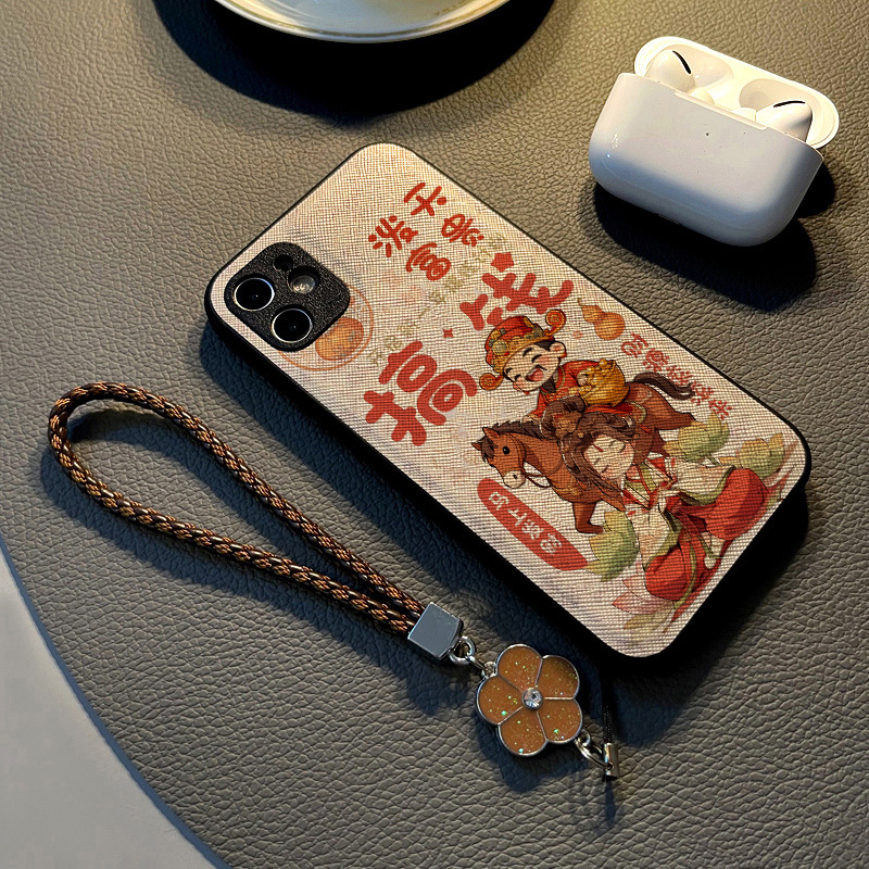 适用小米红米note13 12pro 11t/11/10手机壳硅胶创意note14 pro皮纹全包防摔软保护套女挂绳新款新年马上发财