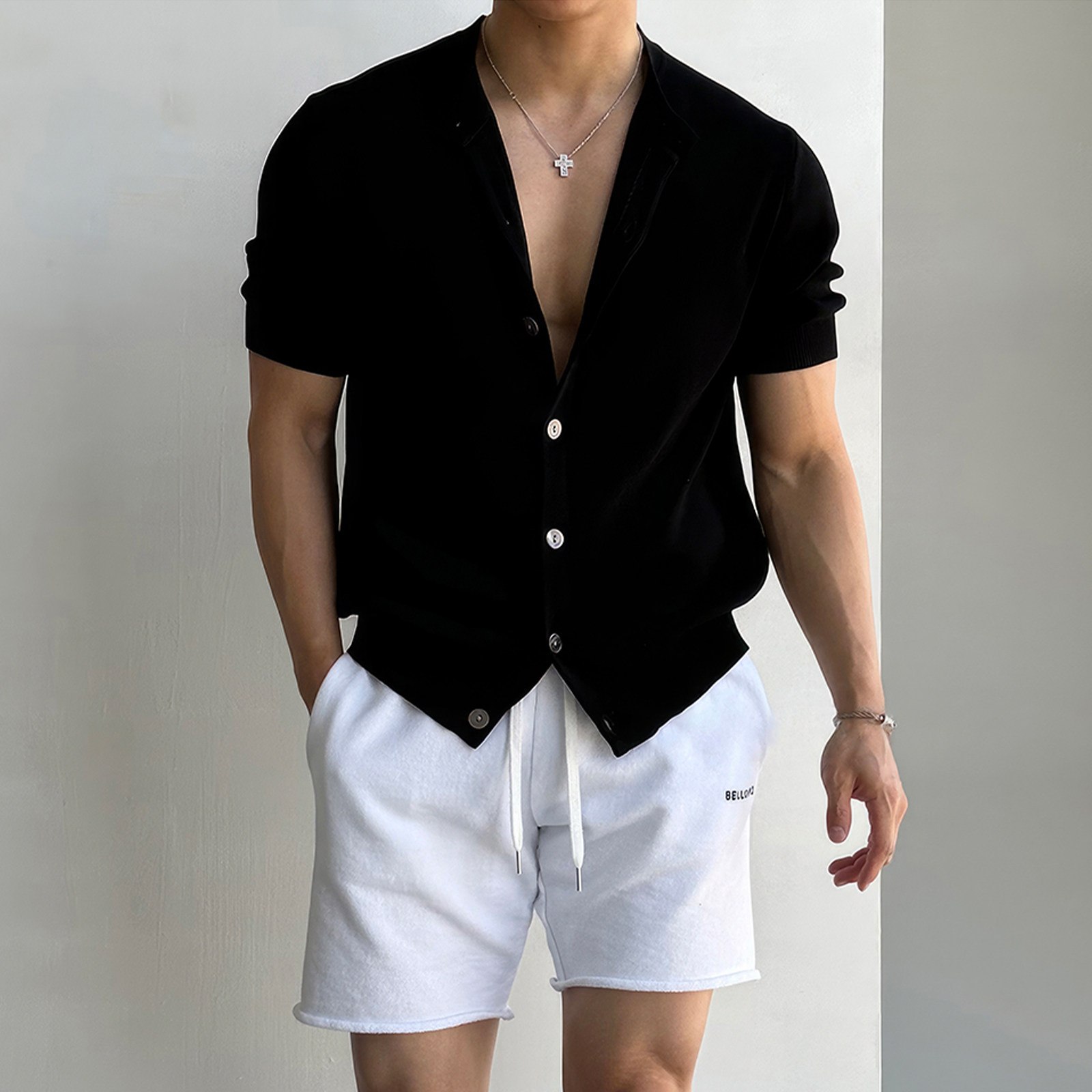 黑色短袖针织开衫男士夏季东大门老钱风休闲宽松薄款透气T恤上衣