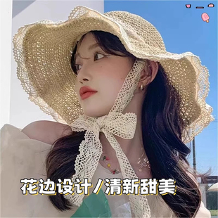 防曬草帽赫本風沙灘度假蕾絲遮陽太陽帽透氣漁夫帽 海邊帽子女夏季