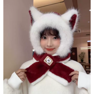 狐狸耳朵女款2025新款毛绒帽子围巾一体秋冬百搭时尚可爱帽设