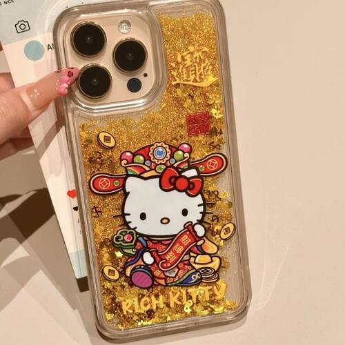 财神kitty猫适用苹果14promax手机壳女新款iPhone16 13 15plus卡通12流沙6p喜庆xr全包i6 7 8p透明i11保护套x