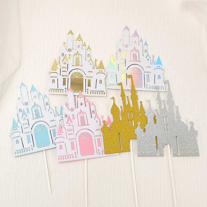 纸质双层城堡蛋糕装饰插牌儿童情景生日派对纸杯甜品金色银色插件