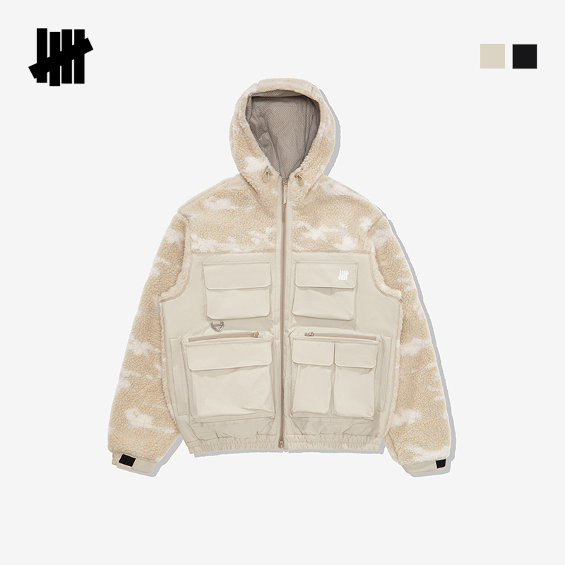 UNDEFEATED五条杠官方冬季新品迷彩异面拼接设计连帽羊羔绒外套