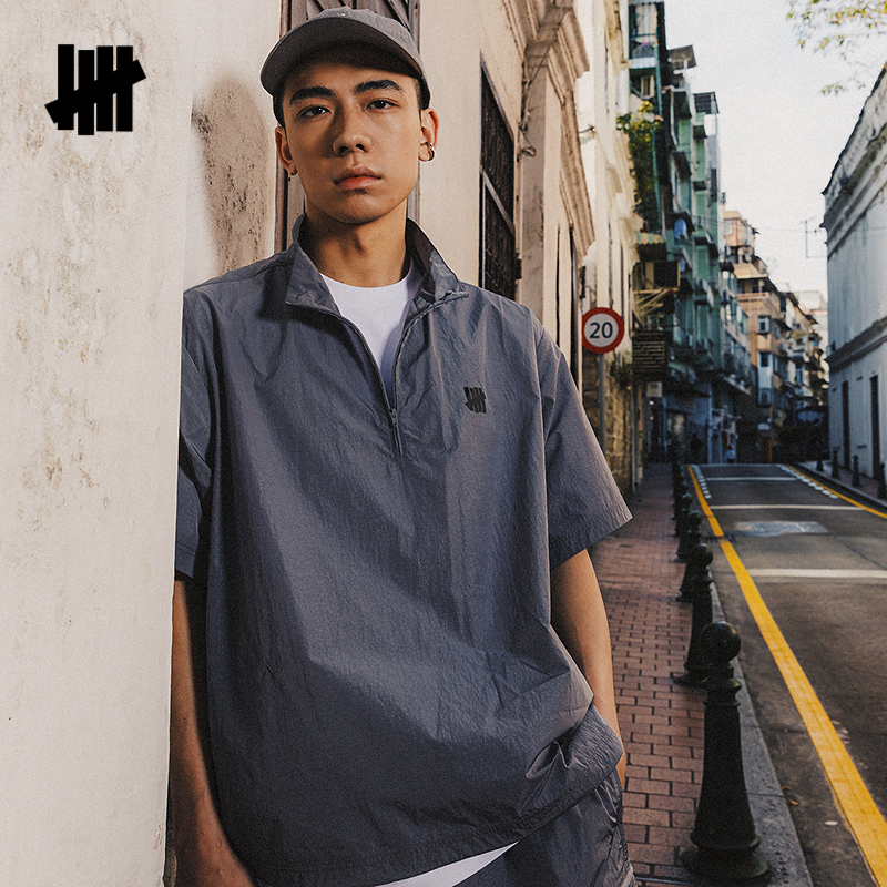 五条杠复古半拉链夹克短袖上衣