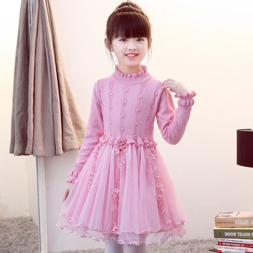 女童毛衣连衣裙秋春季纯色儿童公主裙童装小女孩加绒加厚针织裙子