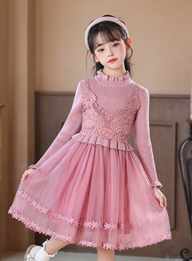 女童毛衣连衣裙2025新款纯色儿童公主裙小女孩加绒加厚针织裙子