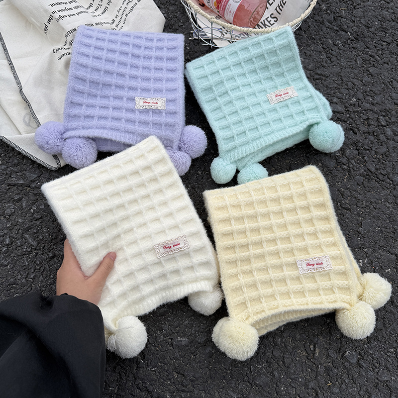 华夫格围巾2025新款设计手工挂球韩系冬季百搭女保暖加厚围脖学生