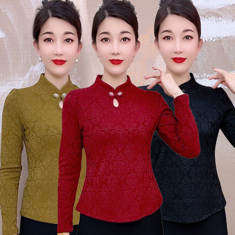 秋冬新款新中式盘扣长袖T恤时尚气质提花内搭打底衫加绒国风上衣,女装/女士精品,T恤,淘宝优惠券,粉丝福利购,淘宝优惠卷