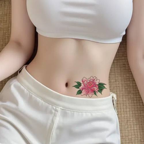 新款牡丹花彩色纹身贴女性感锁骨私密腰部小腹唯美贴纸防水持久遮
