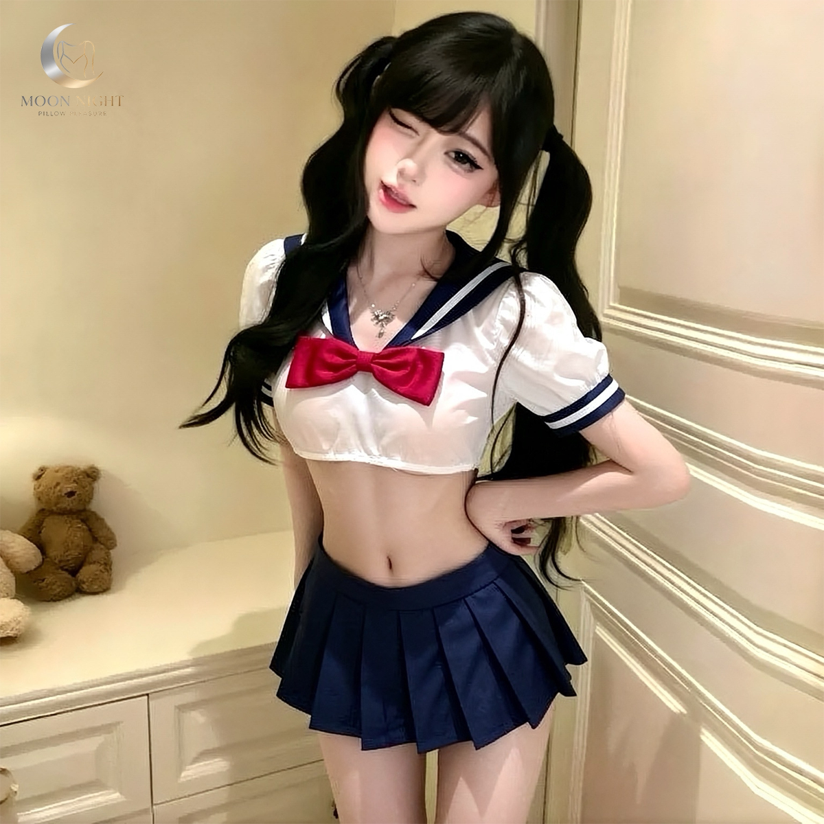 慕晚JK水手服情感趣味内衣套装性感透视露腰蝴蝶结百褶短裙纯欲风图片
