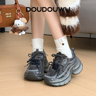 潮百搭运动休闲松糕女鞋 新款 女加绒增高2025冬季 豆豆屋厚底老爹鞋