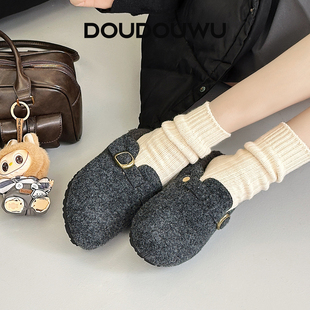 豆豆屋厚底勃肯拖鞋女加绒2025冬季新款韩版潮休闲一脚蹬平底女鞋