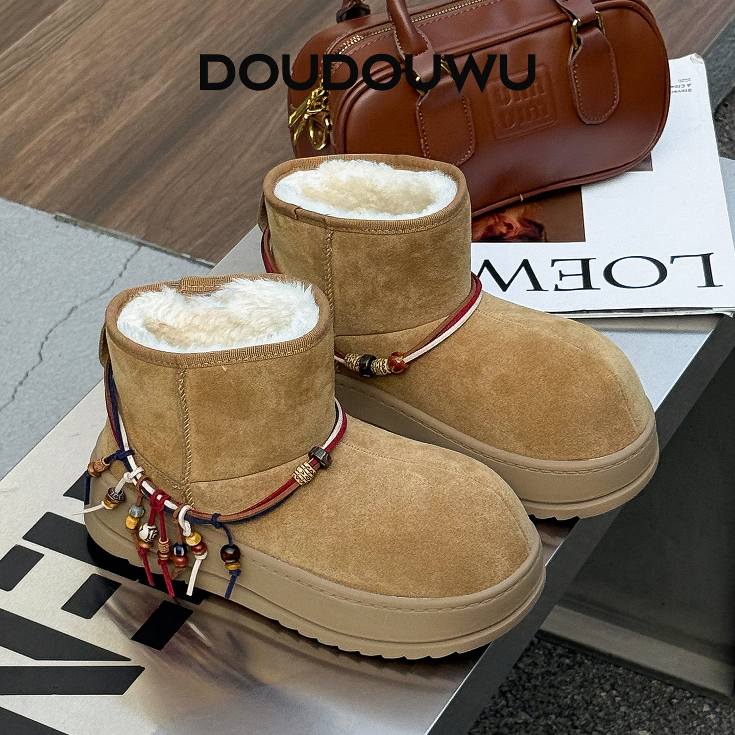豆豆屋厚底雪地靴女鞋加绒2025冬季新款韩版潮一脚蹬平底保暖短靴,女鞋,时尚雪地靴,淘宝优惠券,粉丝福利购,淘宝优惠卷